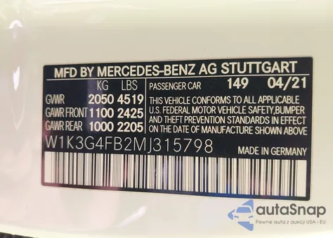 2021 Mercedes-Benz A 220 4Matic from USA, damaged, VIN W1K3G4FB2MJ315798